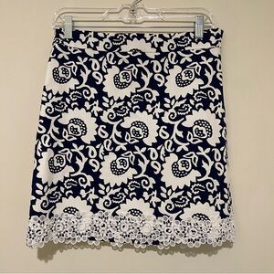 Talbots Navy and White Floral Skirt With Lace